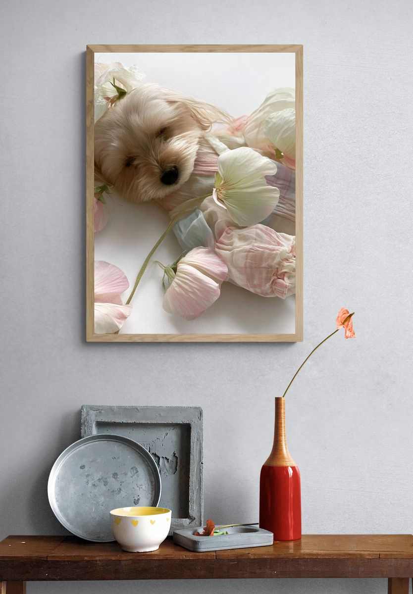 Floral Puppy Portrait Print. — room view 3