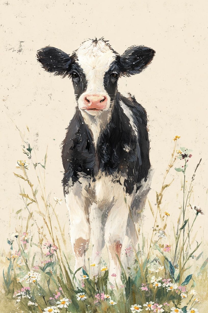 Calf in Wildflowers Watercolor Poster. poster detail