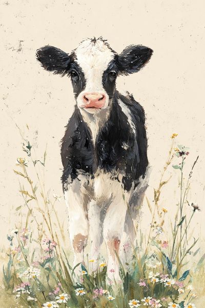 Calf in Wildflowers Watercolor Poster. poster