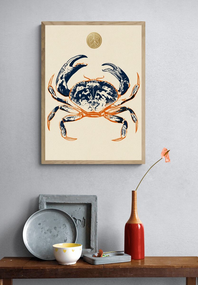 Blue Crab Ink Illustration Poster. — room view 3