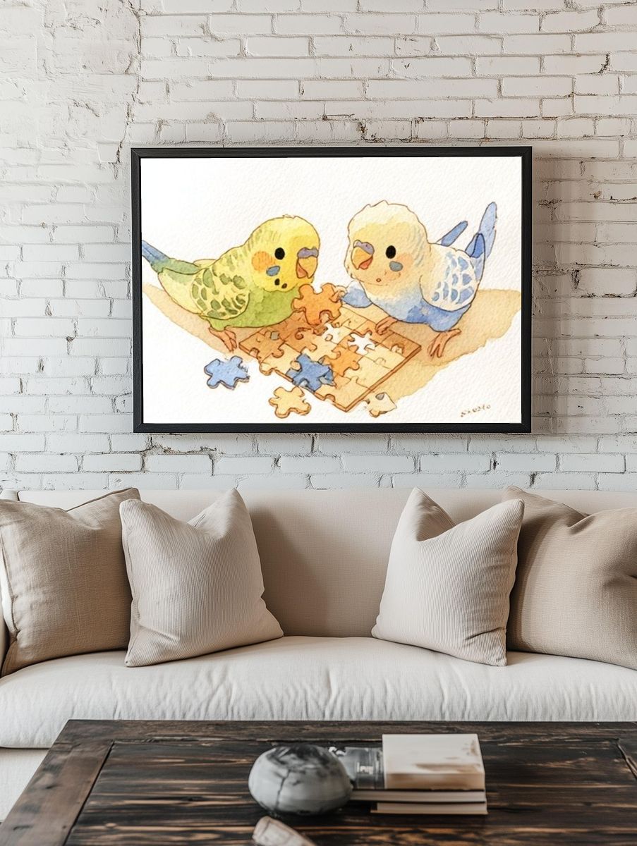 Budgie Puzzle Play Illustration Poster. — room view 1