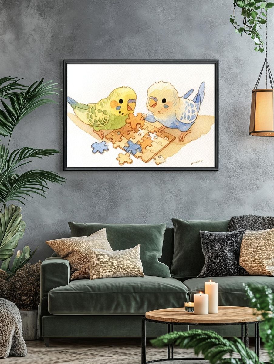 Budgie Puzzle Play Illustration Poster. — room view 4