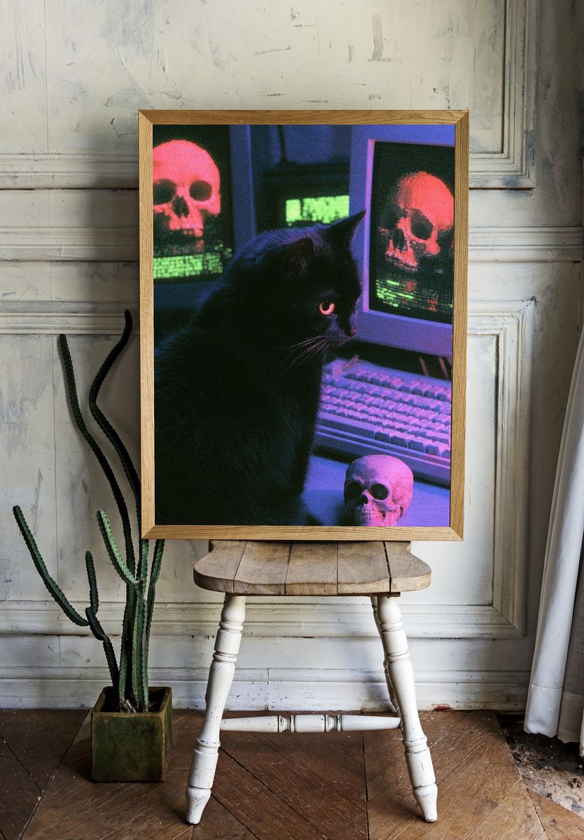 Neon Black Cat Horror Poster. room preview