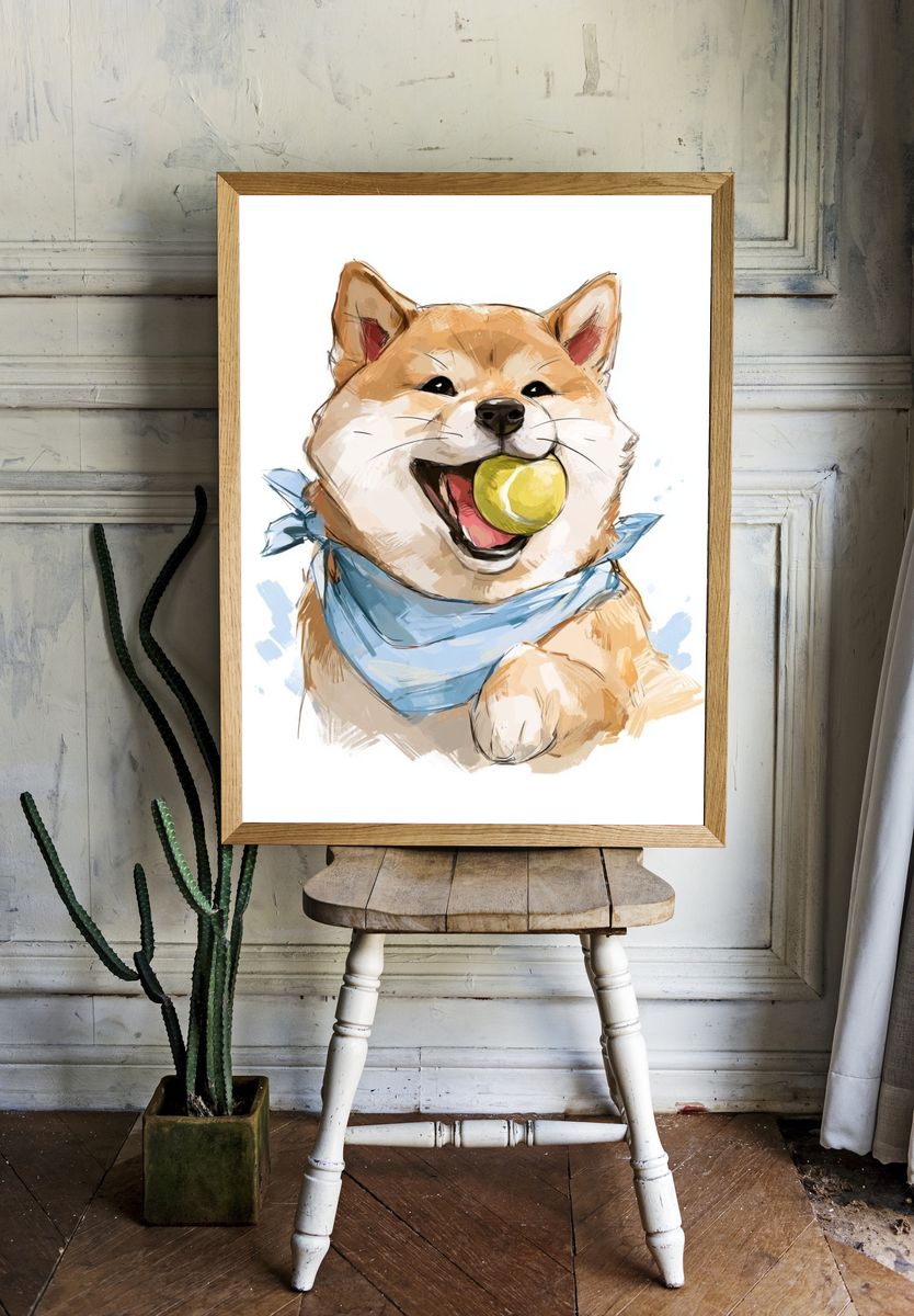 Shiba Inu with Ball Illustration Poster. room preview