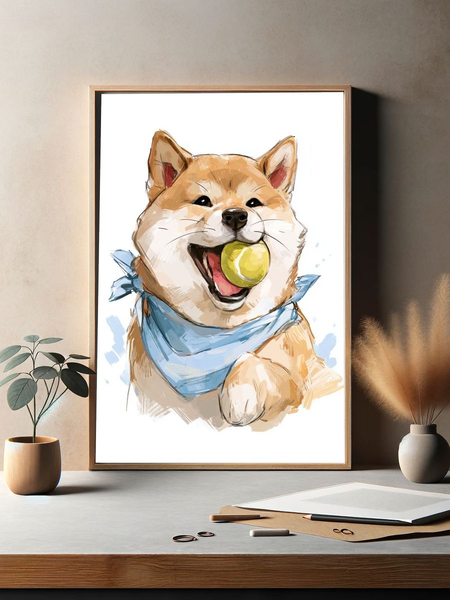 Shiba Inu with Ball Illustration Poster. — room view 2