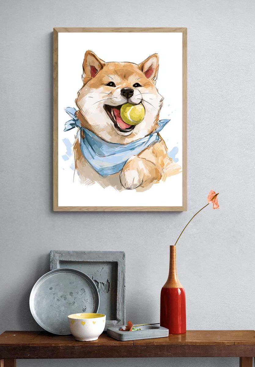 Shiba Inu with Ball Illustration Poster. — room view 3