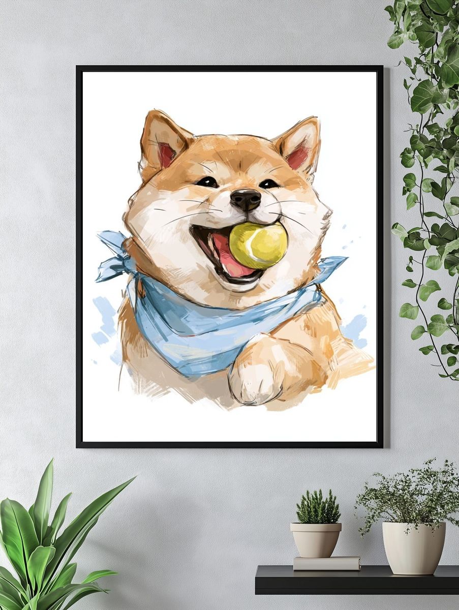 Shiba Inu with Ball Illustration Poster. — room view 4