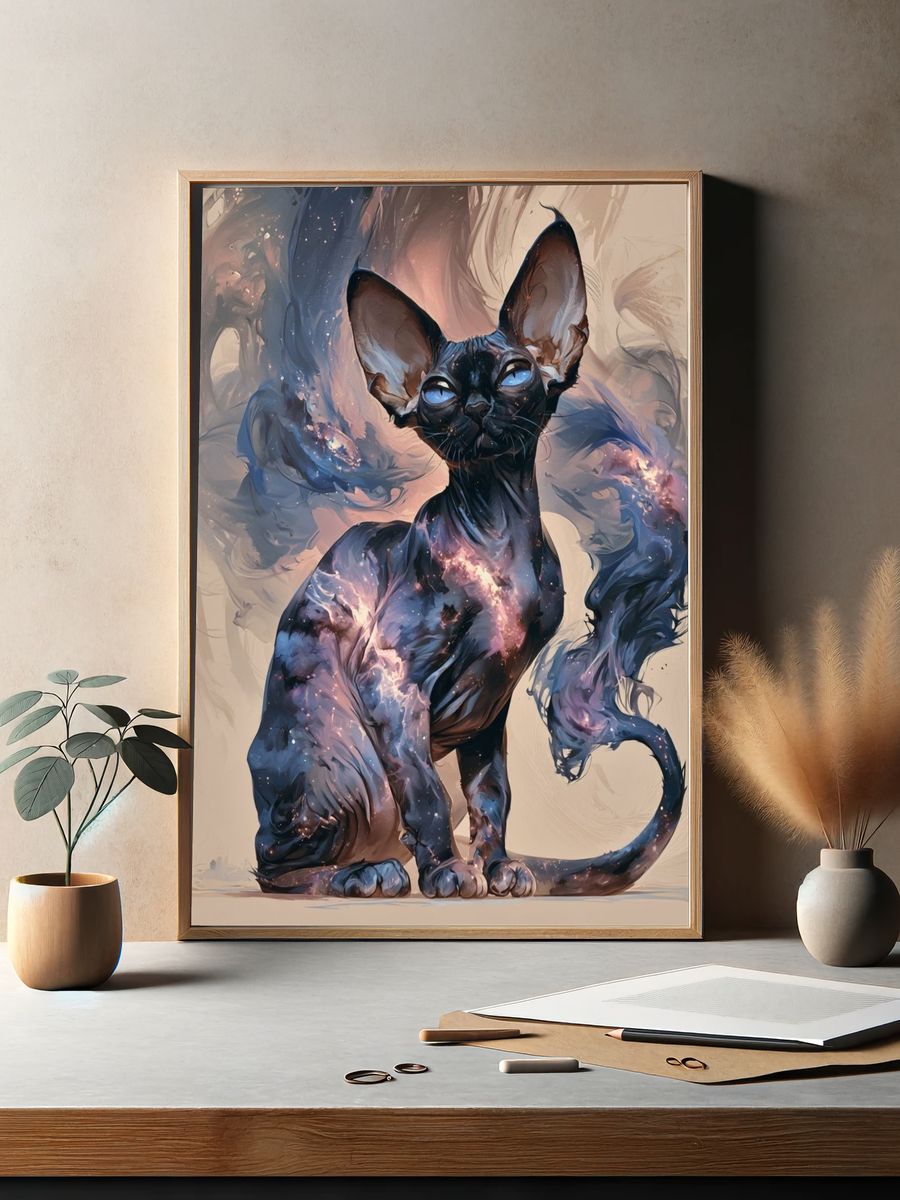 Cosmic Sphynx Cat Illustration Poster. — room view 2