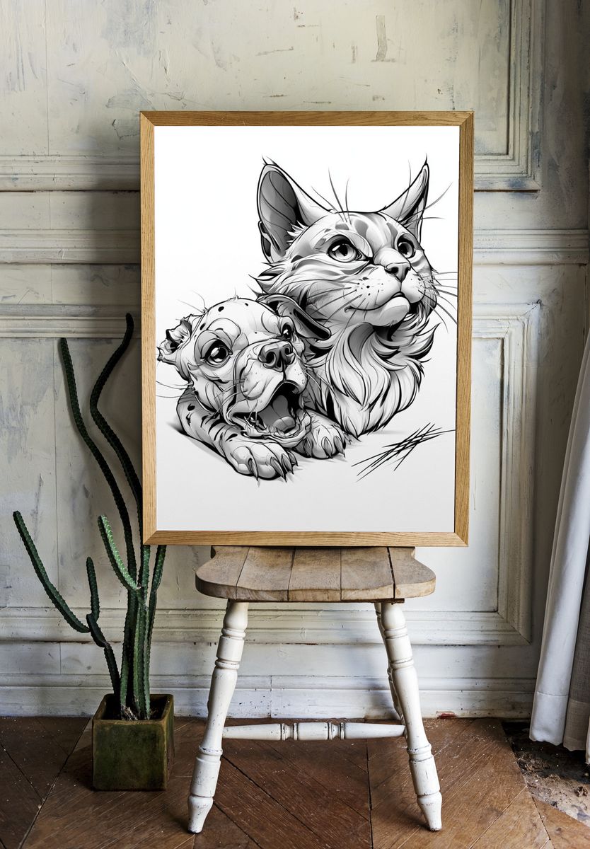 Cat and Dog Sketch Poster. — room view 1