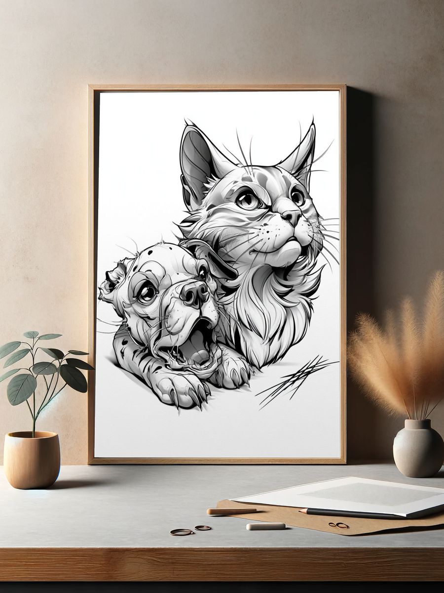 Cat and Dog Sketch Poster. — room view 2