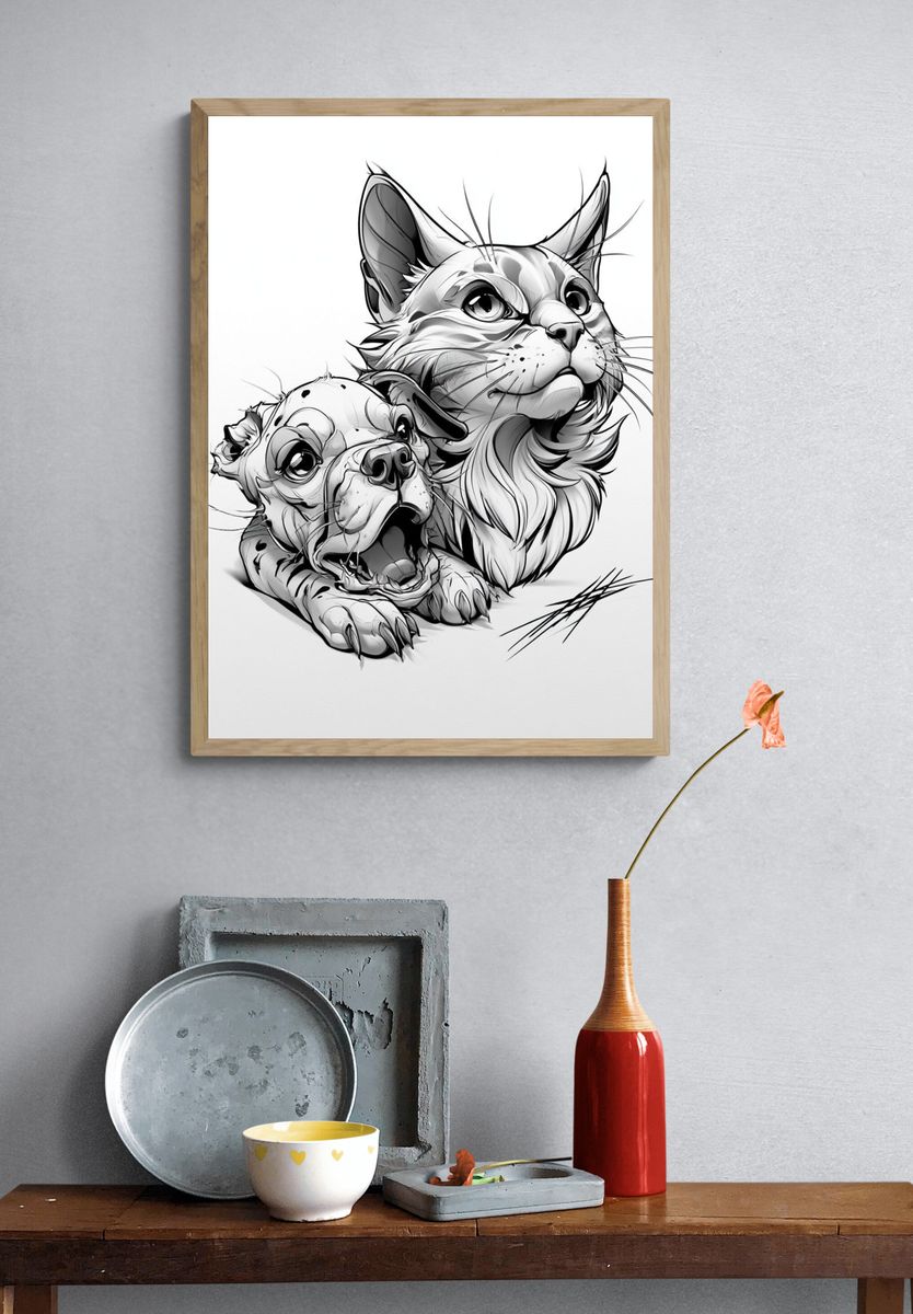 Cat and Dog Sketch Poster. — room view 3