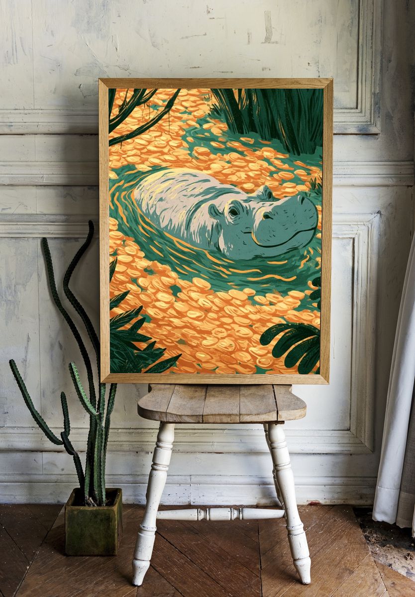 Hippo Lagoon Illustration Poster. — room view 1