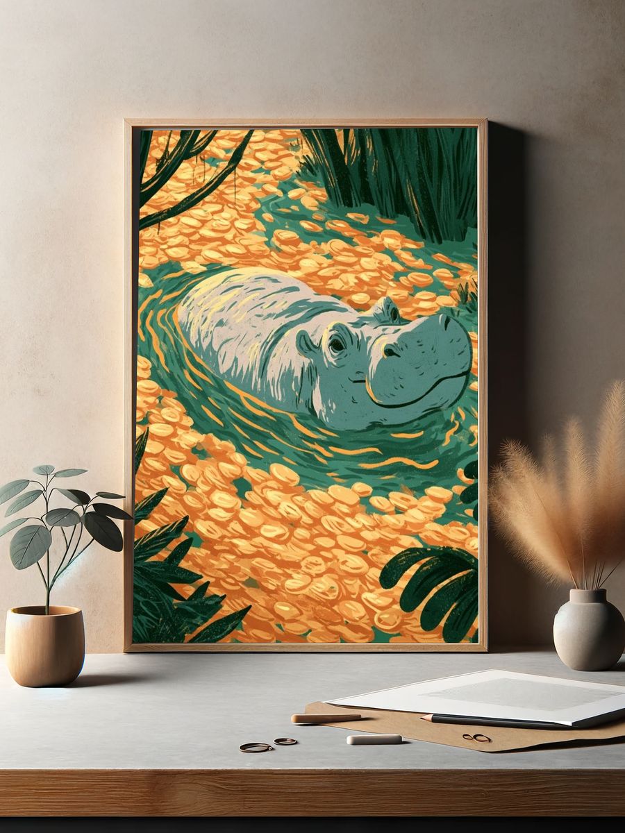 Hippo Lagoon Illustration Poster. — room view 2