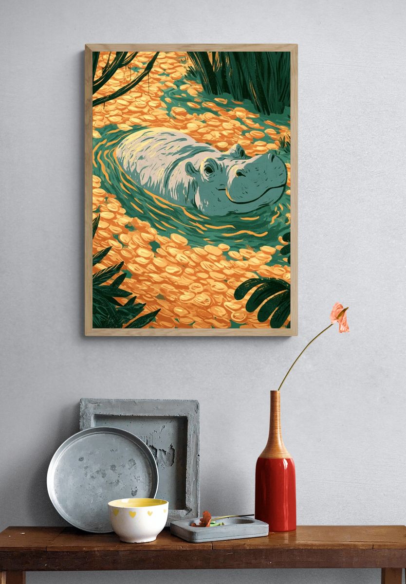 Hippo Lagoon Illustration Poster. — room view 3