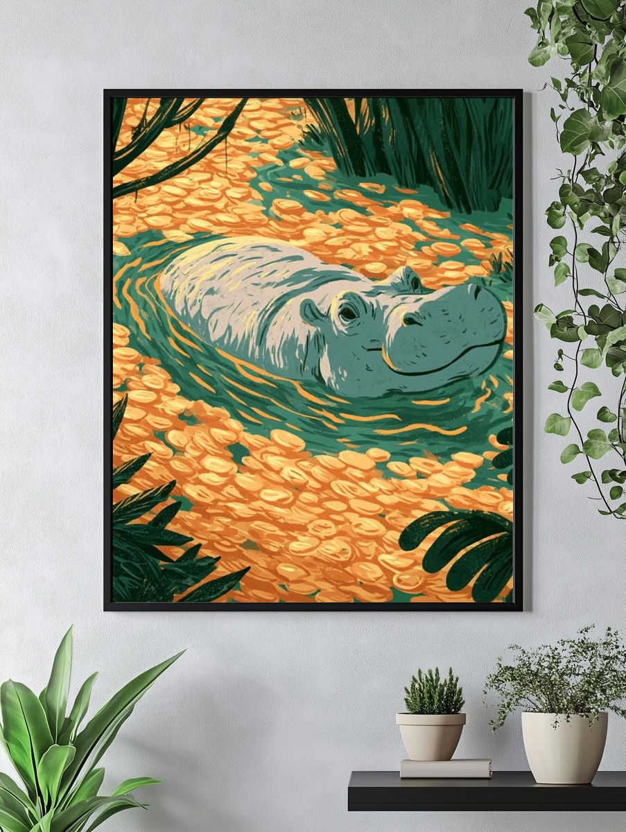 Hippo Lagoon Illustration Poster. — room view 4