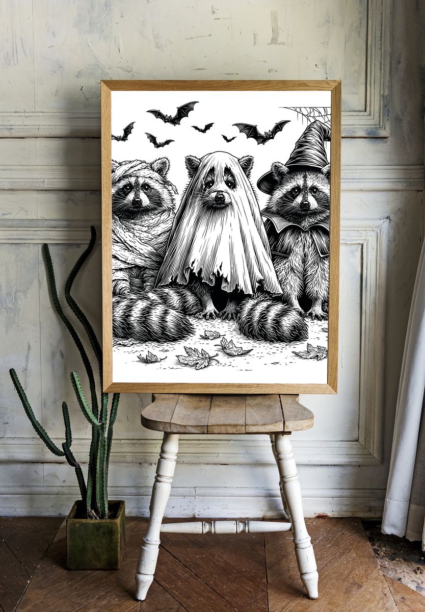 Halloween Raccoons Illustration Poster. — room view 1