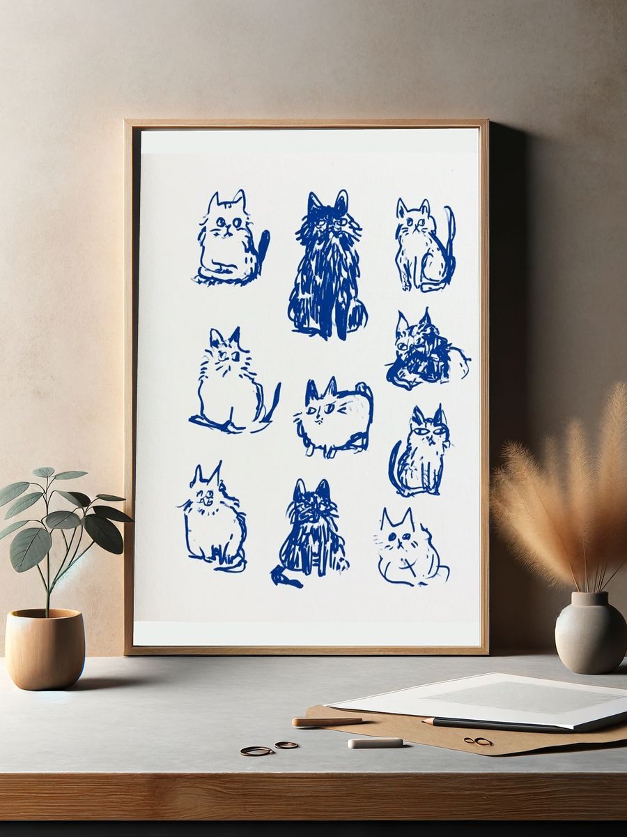 Blue Cat Sketches Illustration Poster. — room view 2
