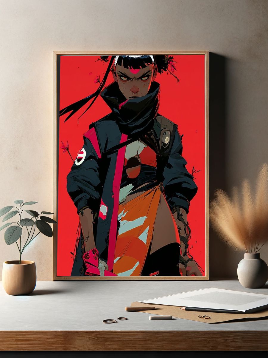Anime Warrior Red Background Poster. — room view 2