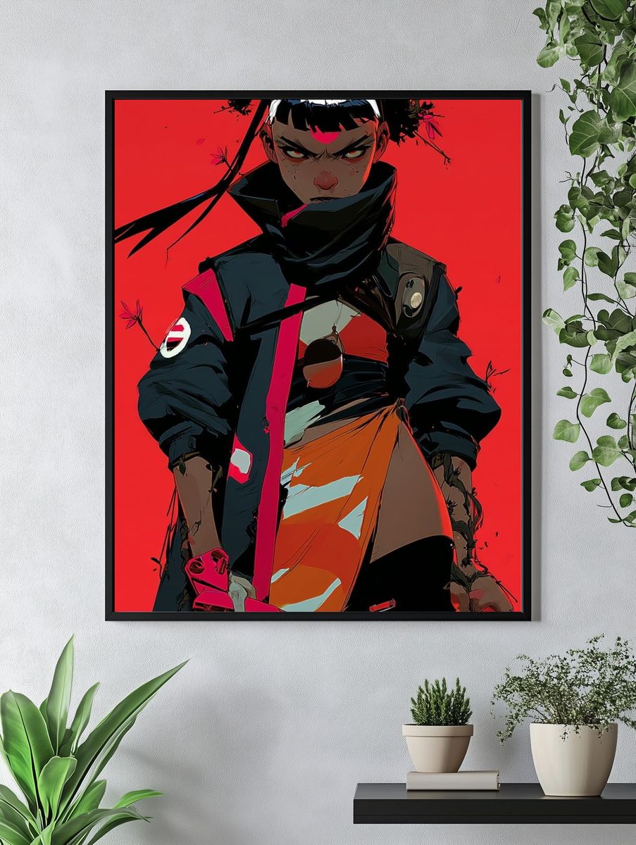 Anime Warrior Red Background Poster. — room view 4