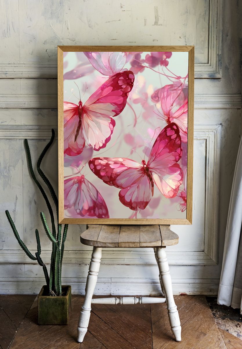 Pink Butterflies Illustration Poster. — room view 1