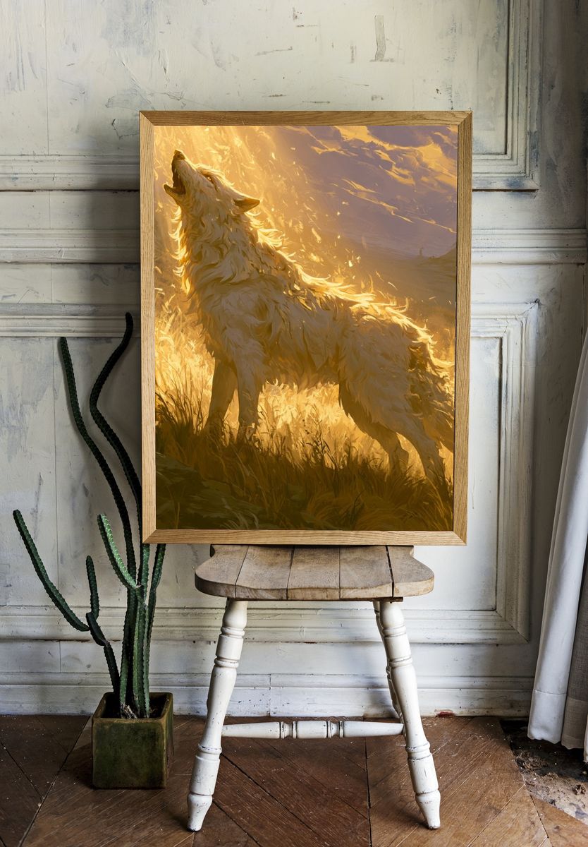 Howling Wolf Golden Light Print. — room view 1