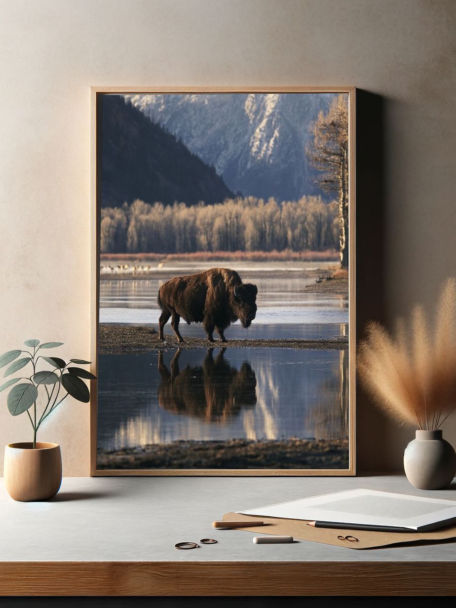 Bison by the River Photography Poster. — room view 2