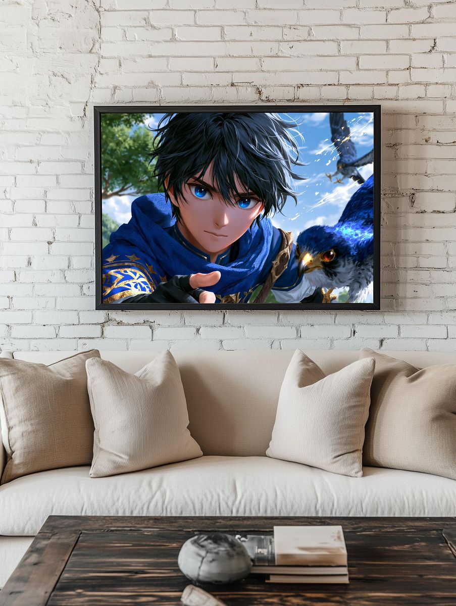 Blue-Eyed Falcon Rider Anime Print. — room view 1
