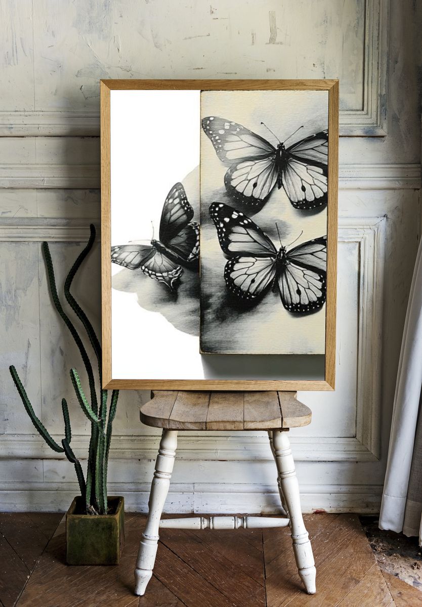 Monochrome Butterfly Study Print. — room view 1