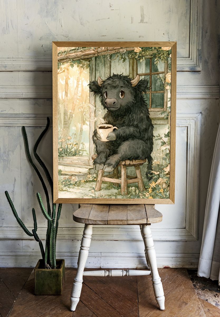 Cozy Highland Cow Watercolor Poster. — room view 1