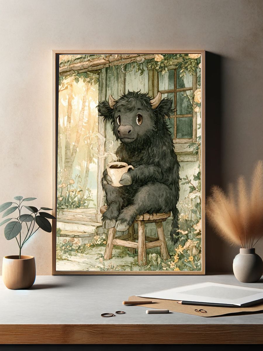 Cozy Highland Cow Watercolor Poster. — room view 2