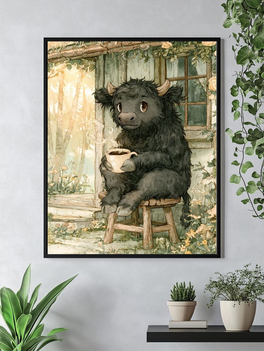 Cozy Highland Cow Watercolor Poster. — room view 4