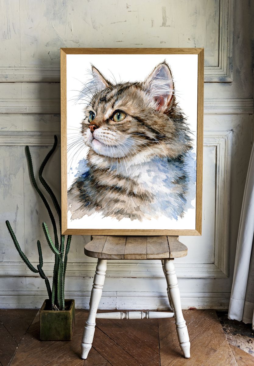 Watercolor Cat Portrait Print. room preview