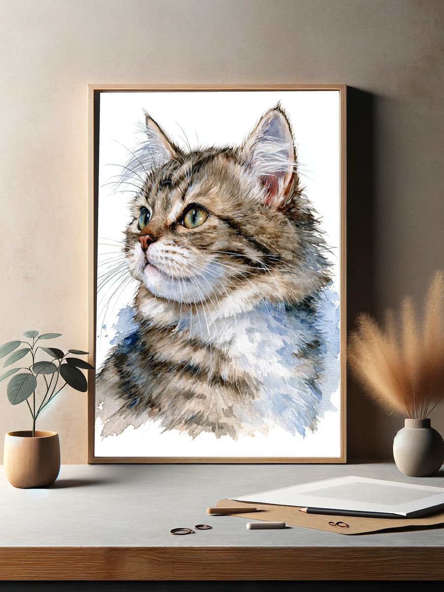 Watercolor Cat Portrait Print. — room view 2