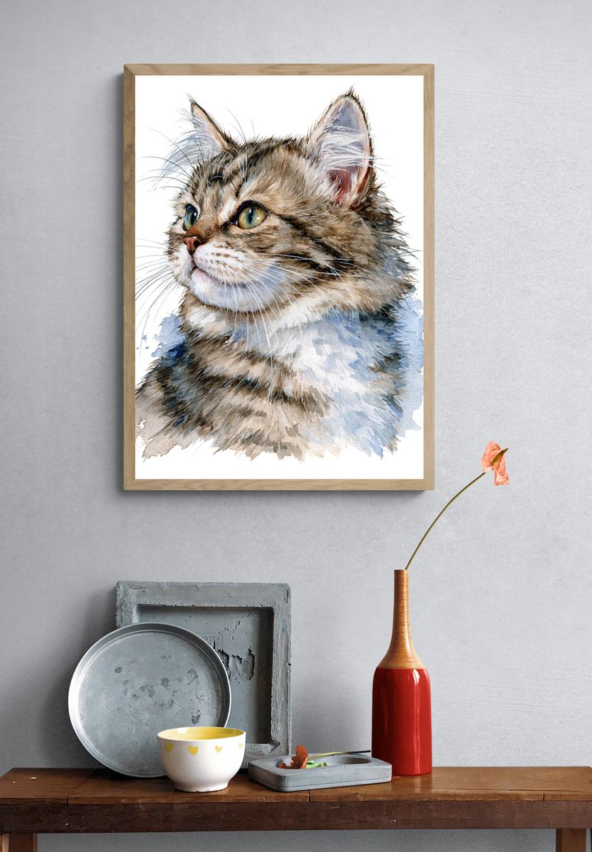 Watercolor Cat Portrait Print. — room view 3