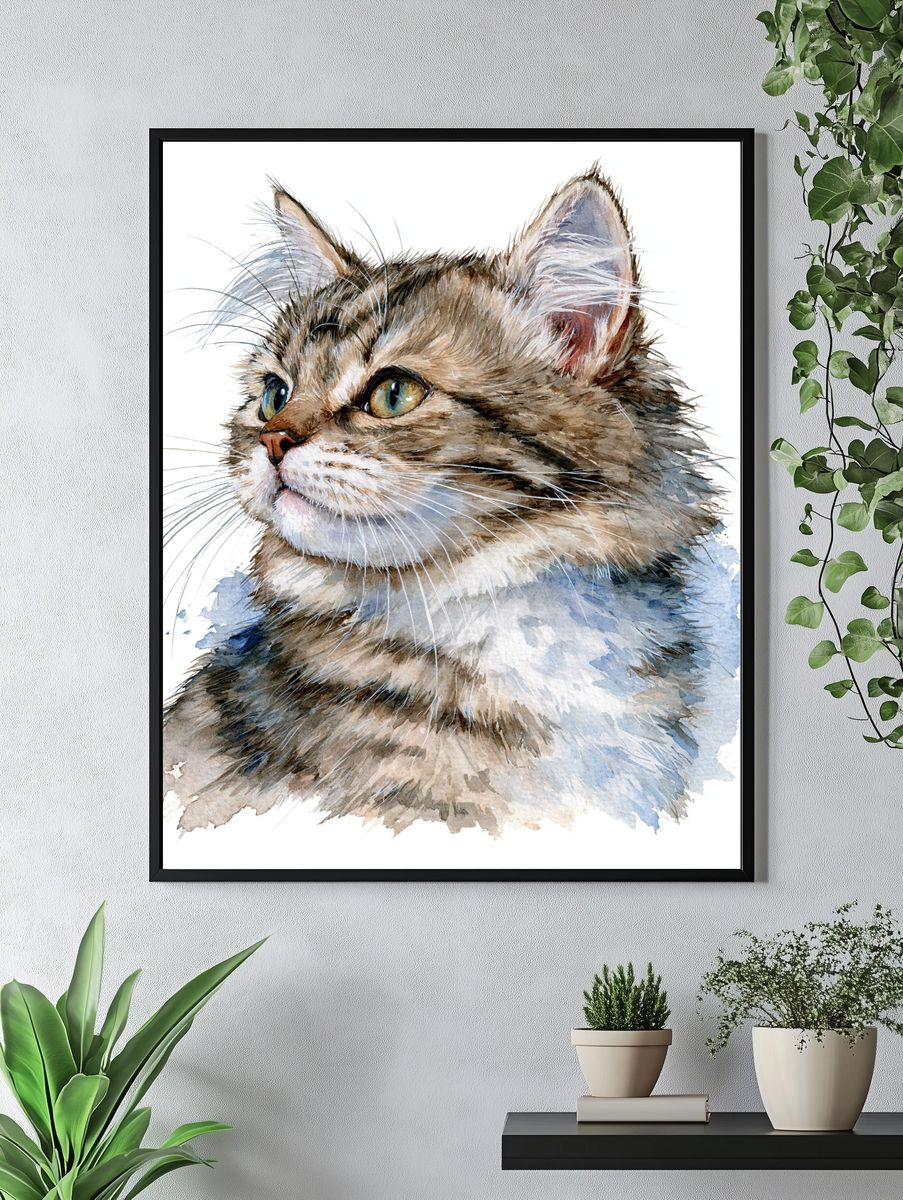 Watercolor Cat Portrait Print. — room view 4