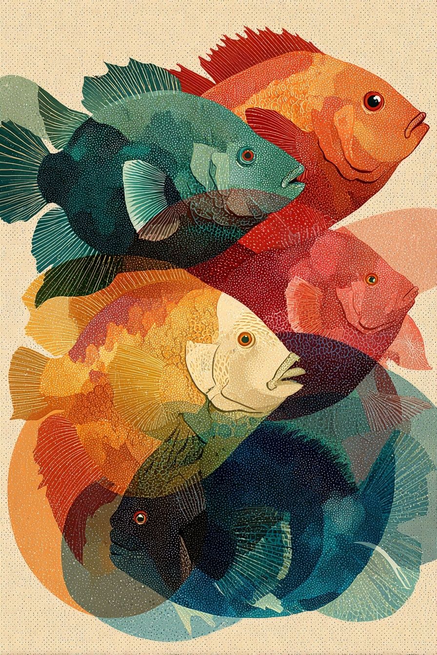 Colorful Fish Collage Illustration Poster. poster detail