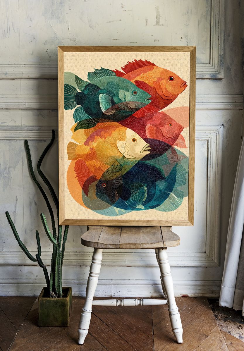 Colorful Fish Collage Illustration Poster. — room view 1