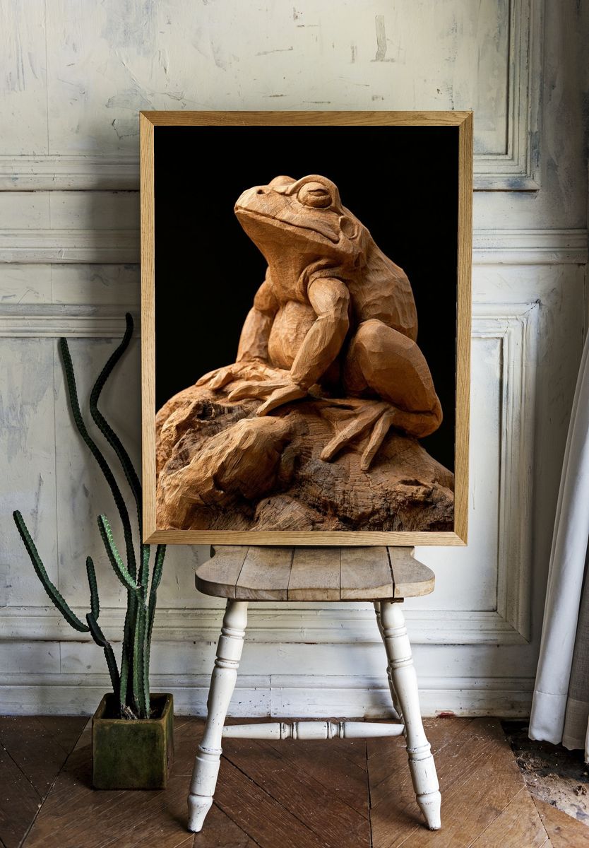 Wooden Frog Sculpture Print. room preview