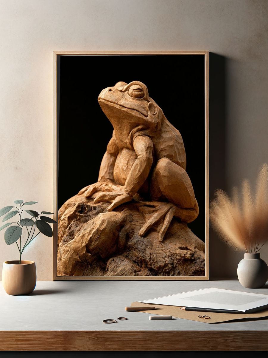 Wooden Frog Sculpture Print. — room view 2