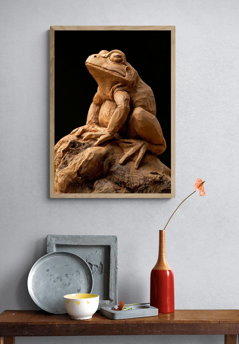 Wooden Frog Sculpture Print. — room view 3