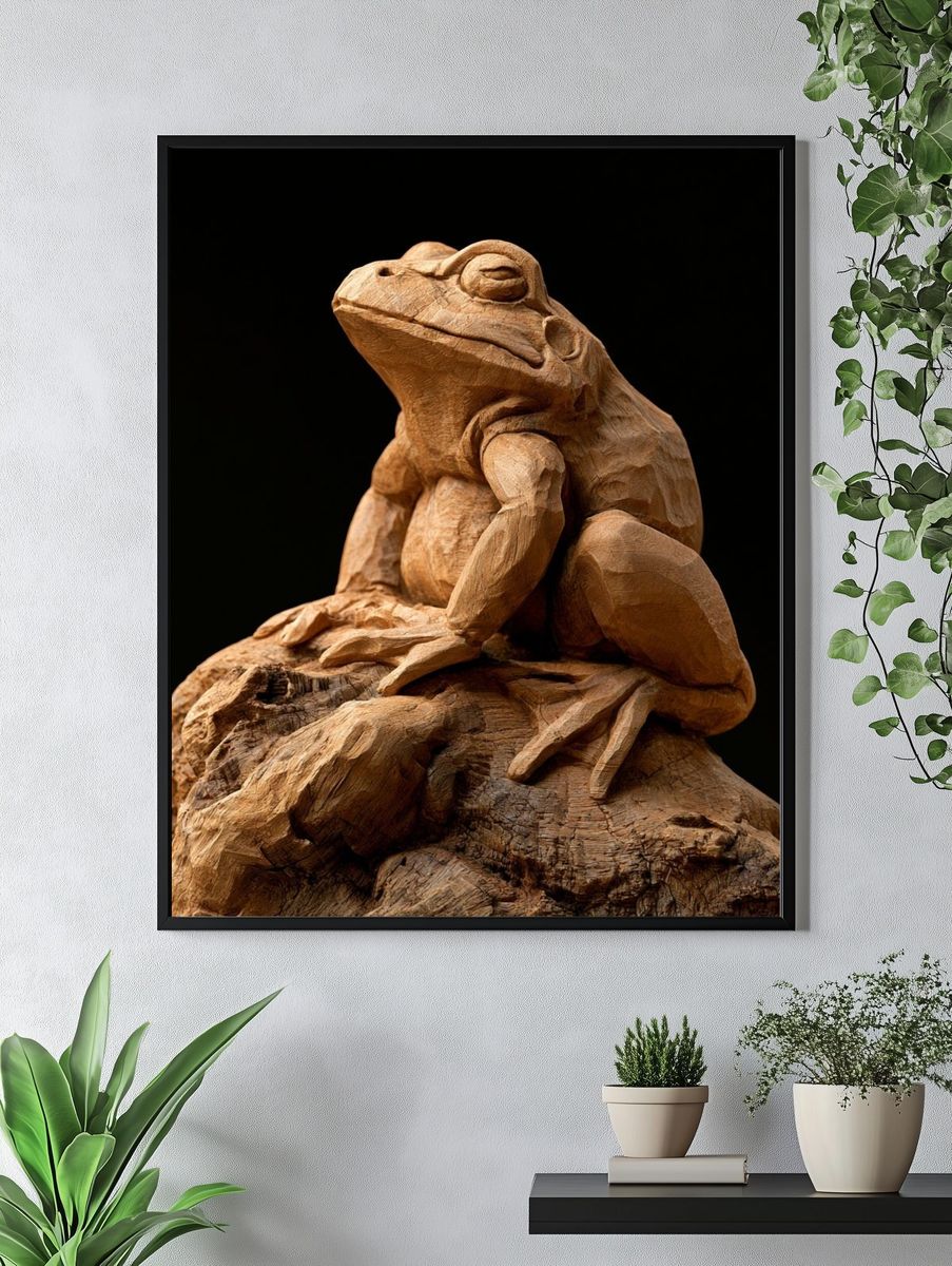 Wooden Frog Sculpture Print. — room view 4