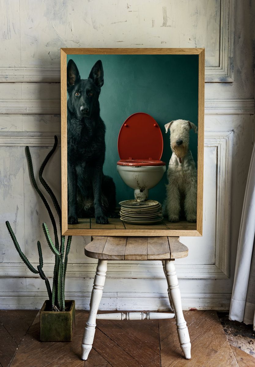 Dogs by Toilet Surrealism Poster. — room view 1