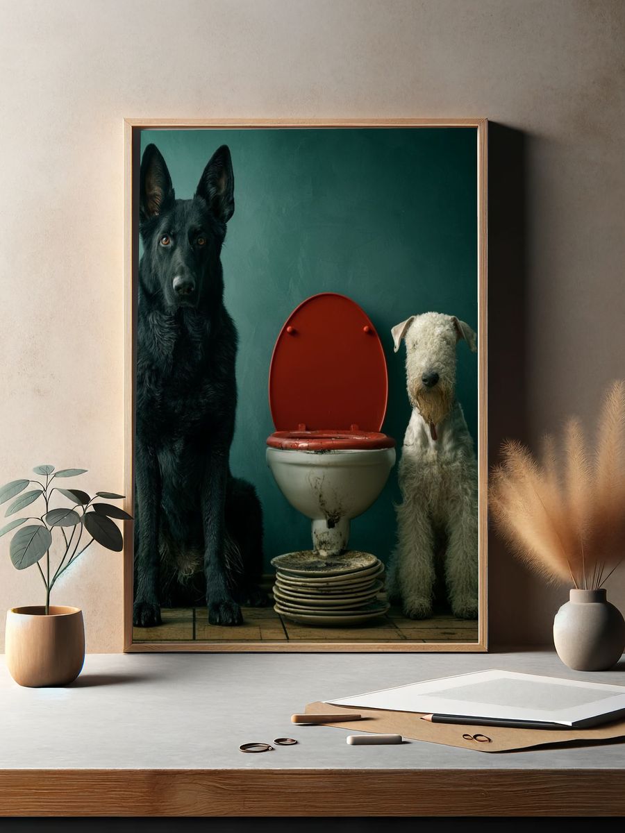 Dogs by Toilet Surrealism Poster. — room view 2