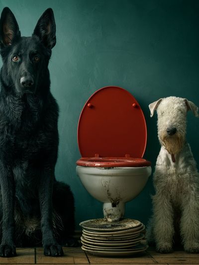 Dogs by Toilet Surrealism Poster. poster