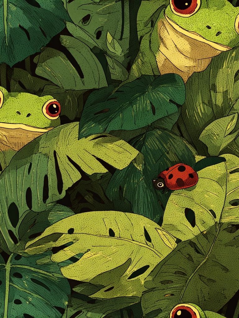 Hidden Frogs Tropical Illustration Poster. poster — animals art