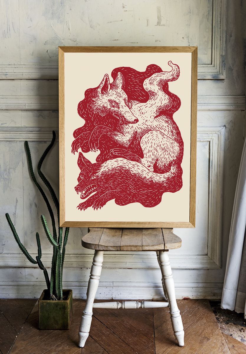 Three Wolves Ink Print. — room view 1