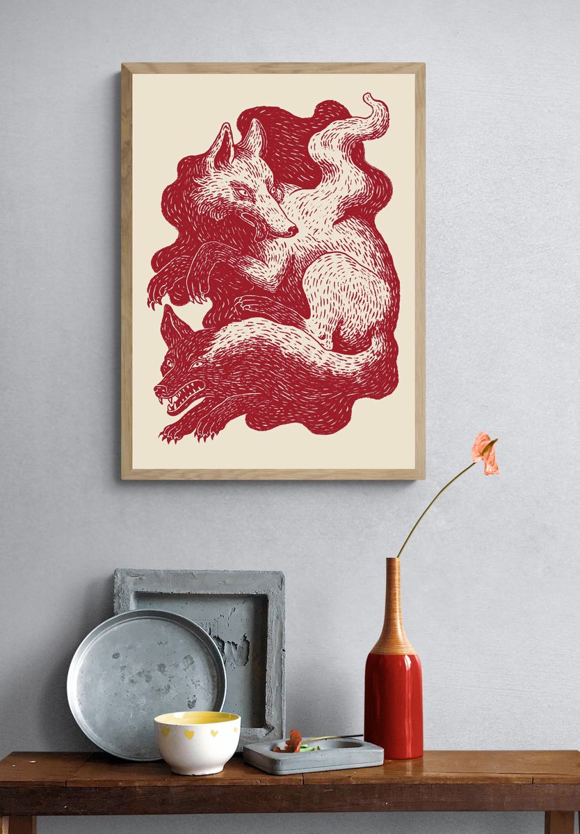 Three Wolves Ink Print. — room view 3