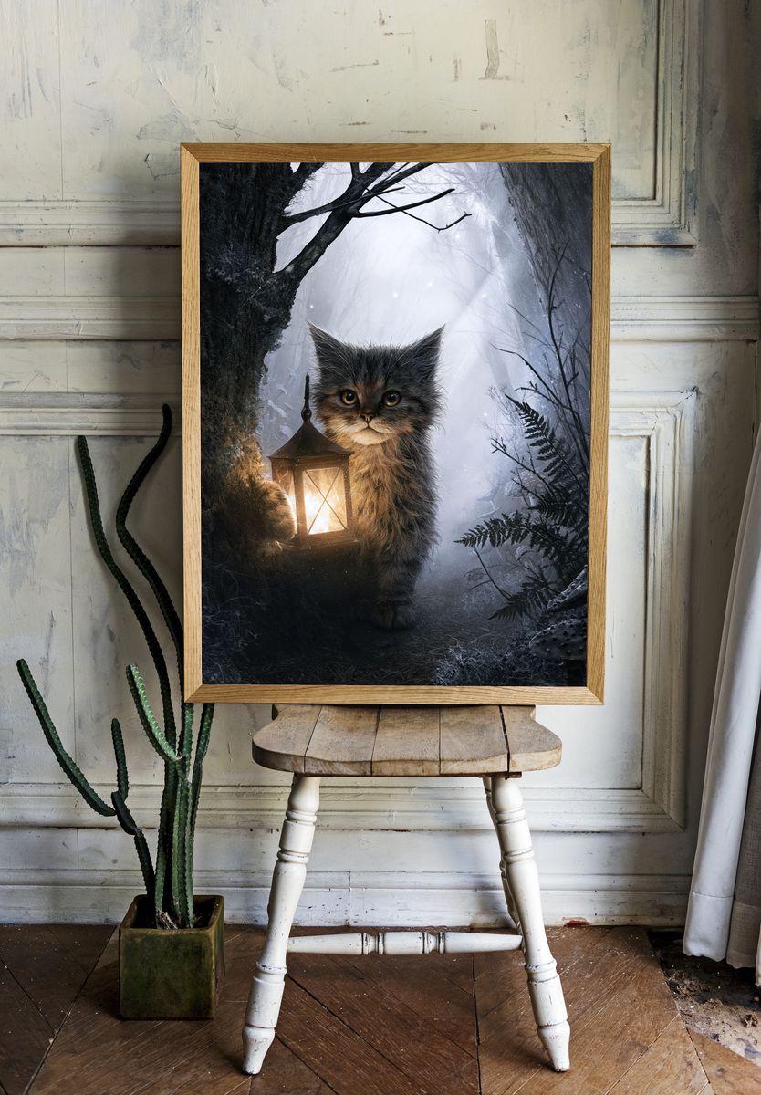 Lantern Cat Forest Illustration Poster. — room view 1