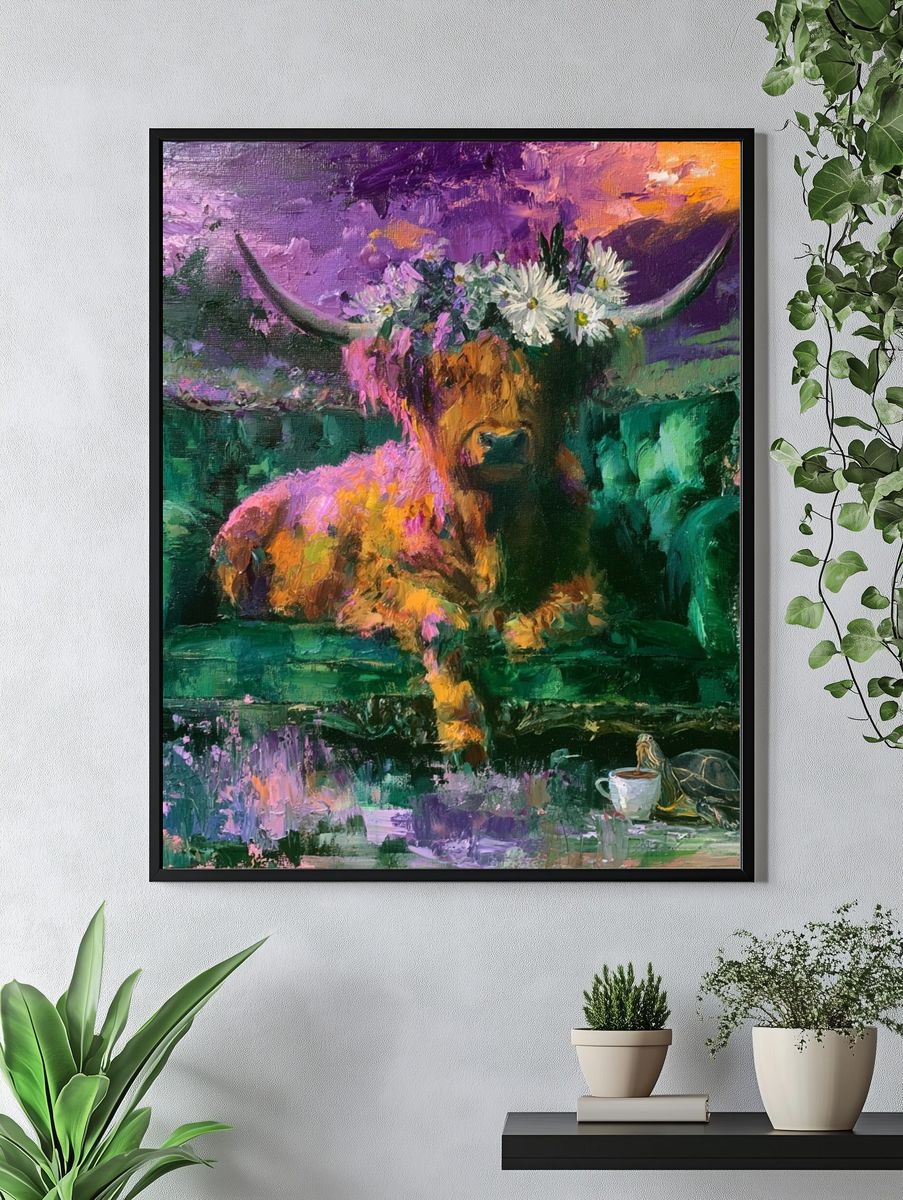 Highland Cow Surrealism Poster. — room view 4