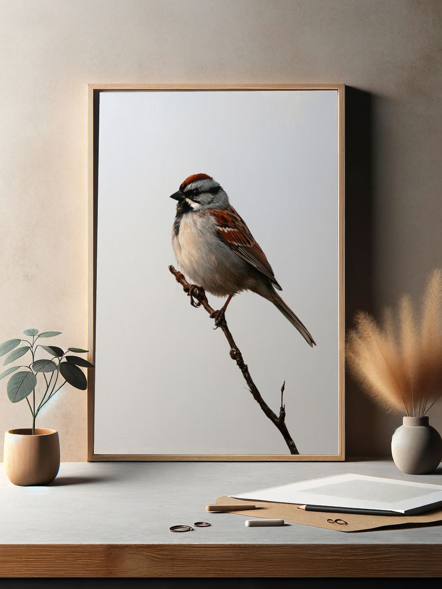 Sparrow on Branch Photography Poster. — room view 2